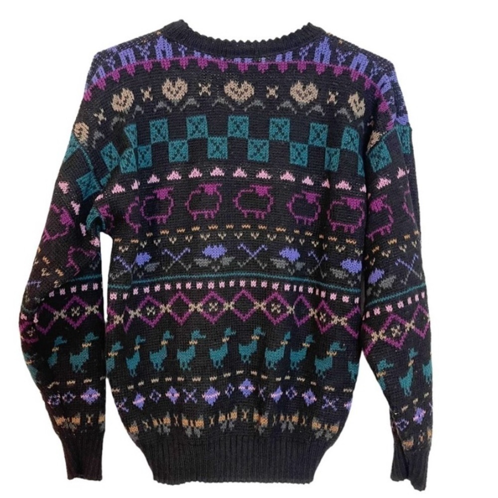 Vintage Alps Women's Wool Duck Sheep Animal Printed Crew Neck Black Sweater M